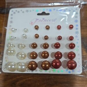 Princess Multi-Color Pearl Stud Earring Set - Cream, Copper, Red